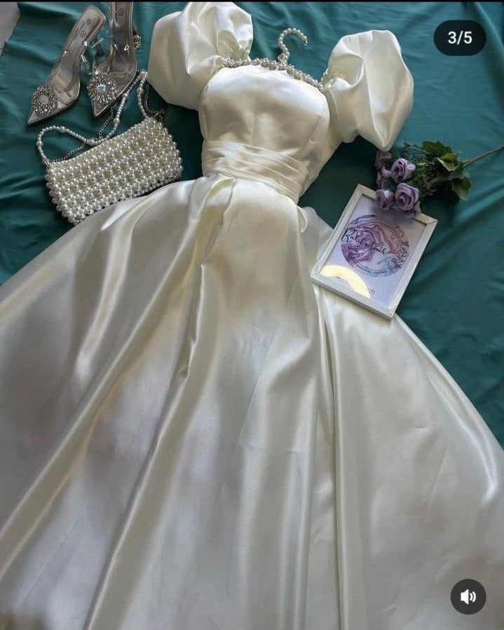 TingPo Wholesale Elegant Fancy A Line Sweetheart Short Sleeves White Satin Prom Dresses Evening Dress With Beads
